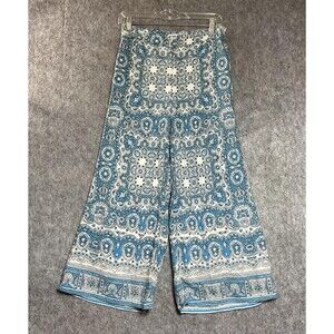 Feather Bone Pants Womens 4 Blue Paisley Linen Rayon Wide Leg Cropped Boho 27x23